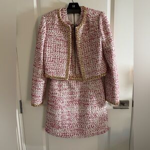 Alice + Olivia Pink Off White, Raspberry and Gold Tweed Dress Suit Set - Size M